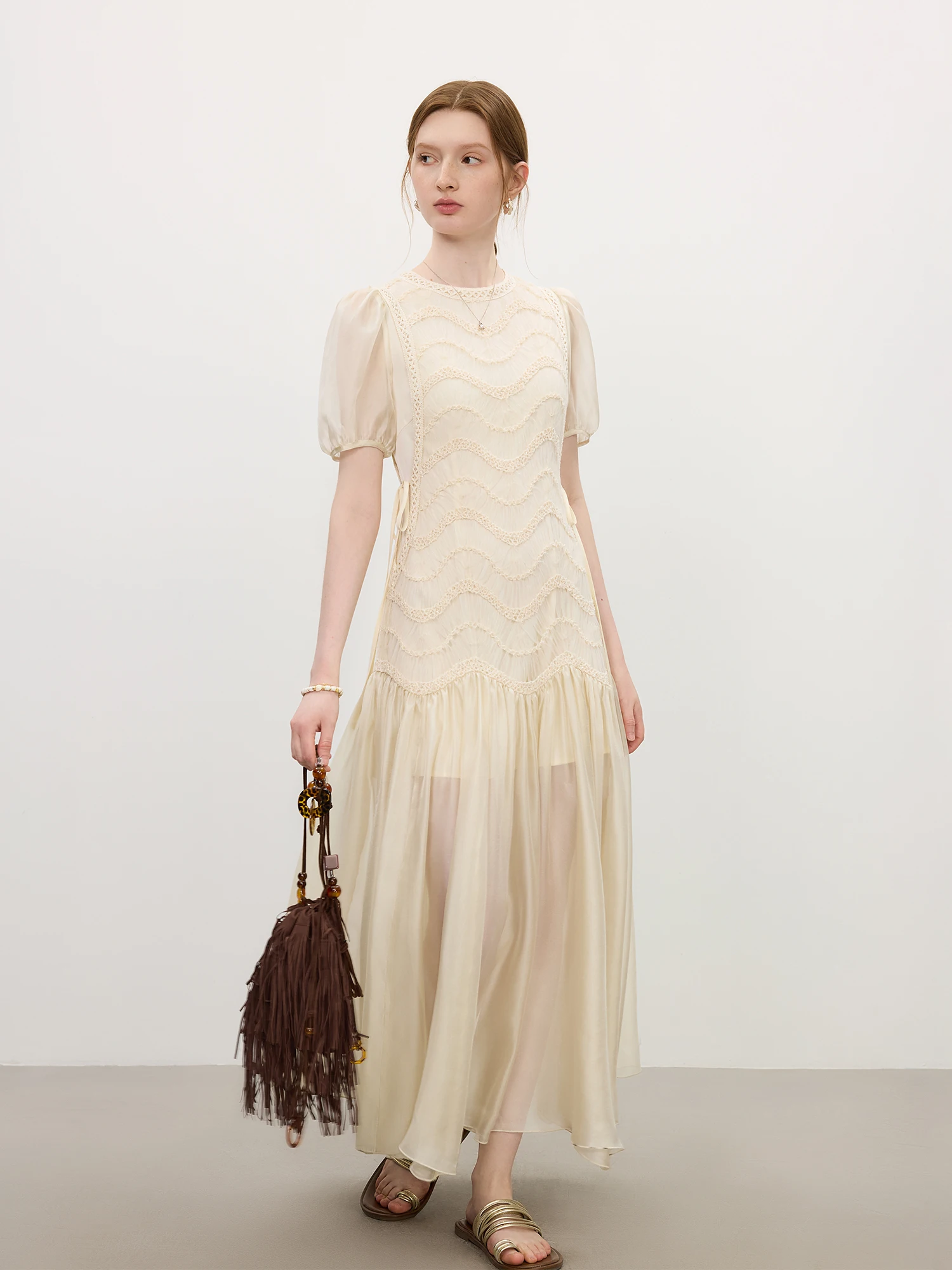 FSLE 2025 été femmes maille broderie robe évider épissage bulle manches taille cravate Y2K à la mode
