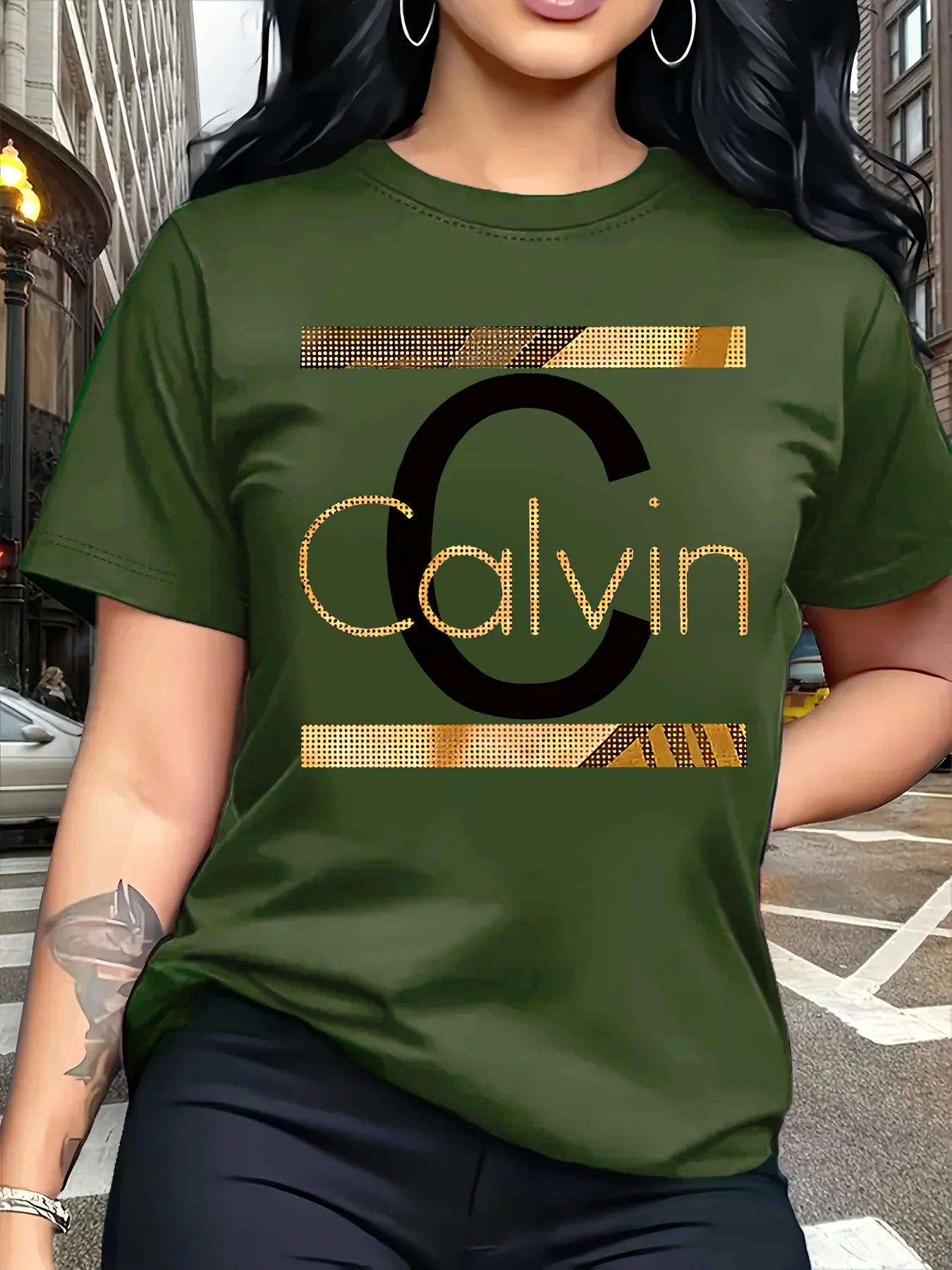 T-shirt pour femme Calvin Letter Print - Haut décontracté vert avec motif doré