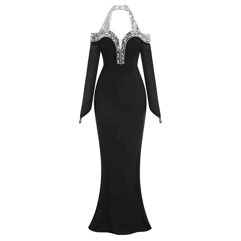 Robe longue sirène noire glamour avec strass, col licou, manches épaules dénudées, robe de soirée de