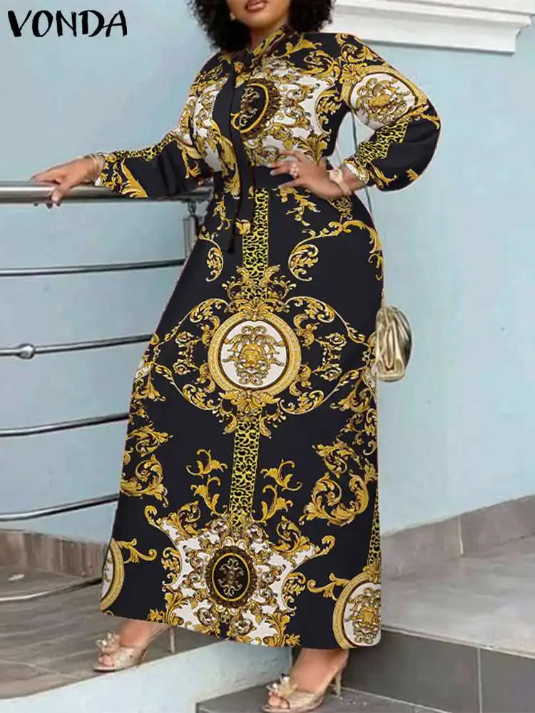 VONDA Robe Maxi 2024 été femmes bohème imprimé fête Robe d'été à manches longues col montant Robe dé