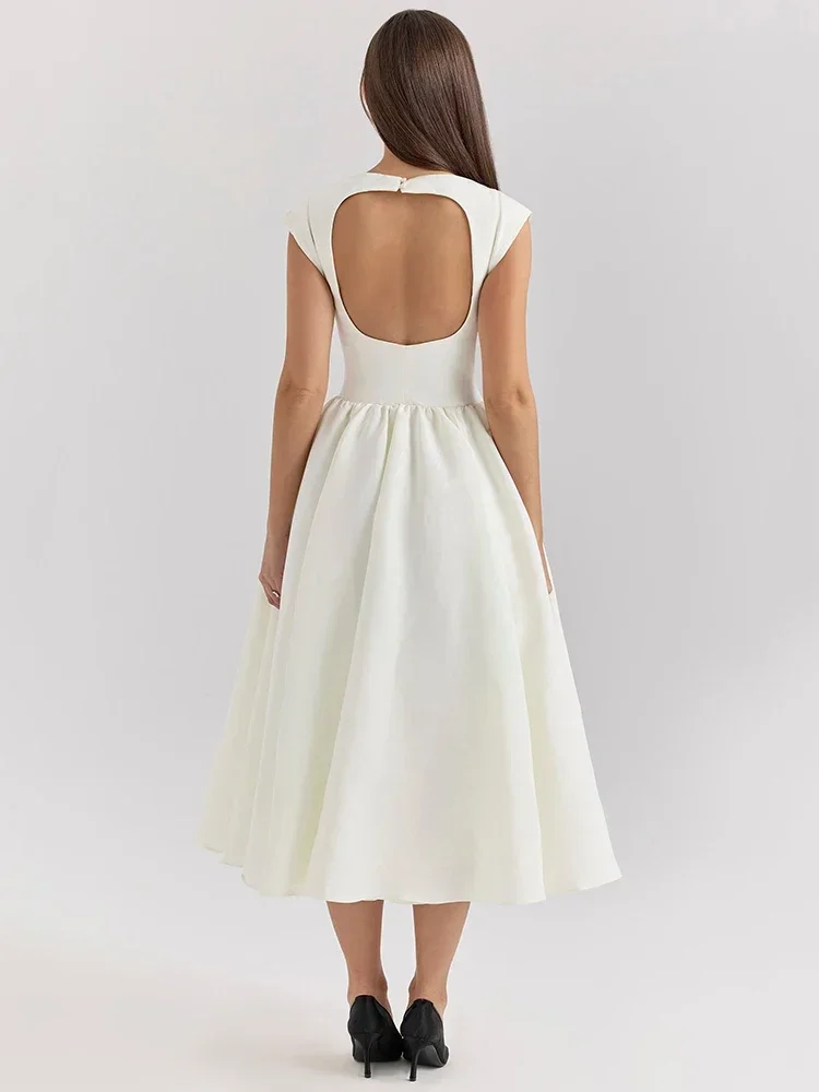 Oligai Robe Longue Crème Femme - Robe Élégante Manches Cape Dos Nu Coupe Cintrée Évasée pour Anniver