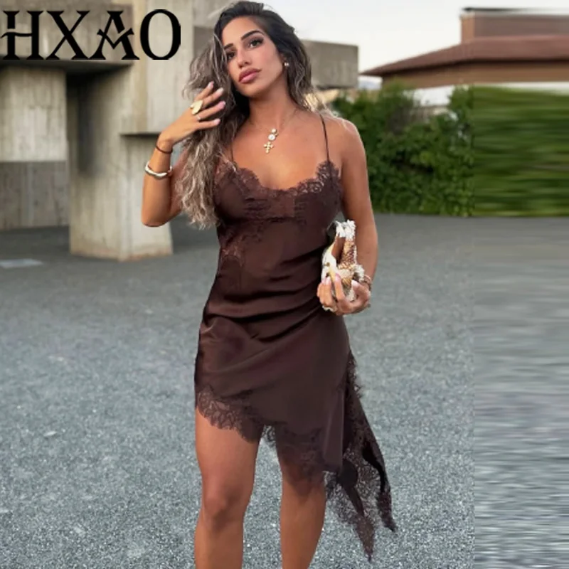 HXAO Slip femmes robes sans manches robe en dentelle noire femme asymétrique robes de soirée élégant