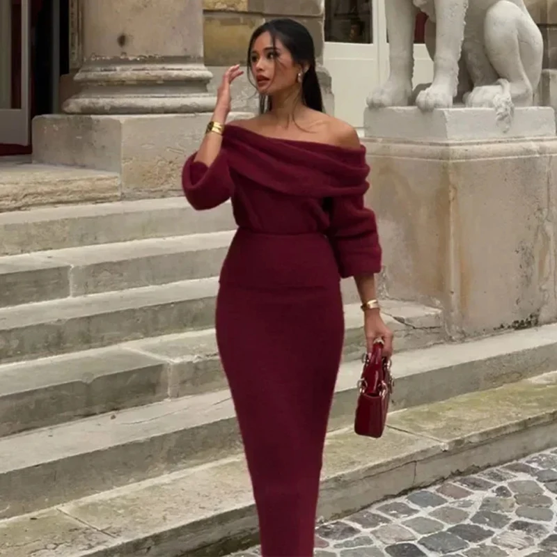 Ensemble jupe longue en tricot bordeaux pour femme, col slash, manches lanterne complètes, haut et j