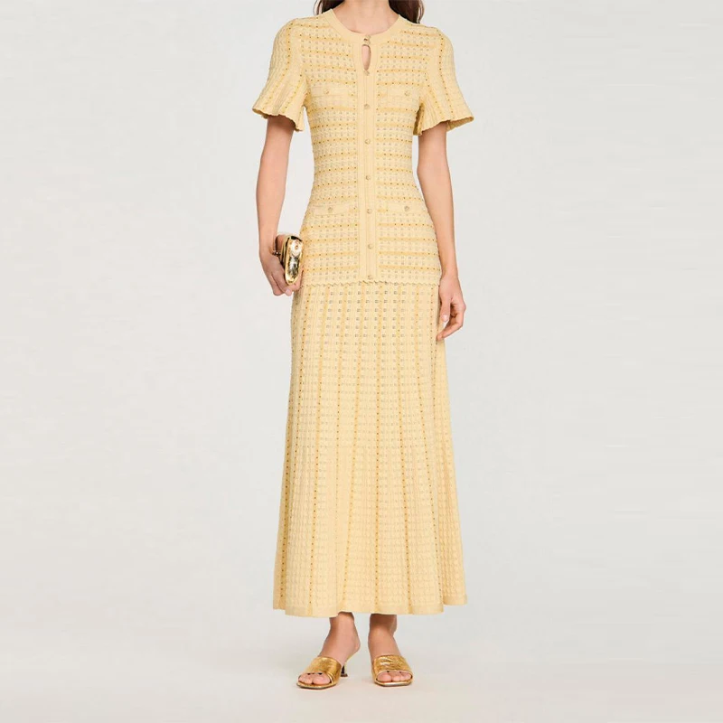 Nouvelle Robe Midi Élégante en Tweed Bleu Marine pour Femme 2026, Manches Courtes, Effet Deux Pièces