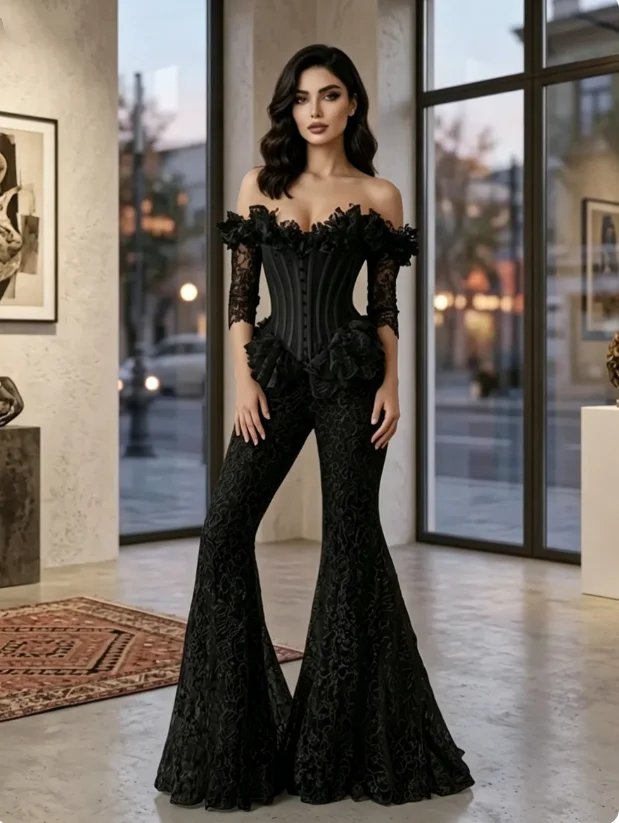 Robe de bal noire évasée, style Dubaï, élégante, à épaules dénudées, en dentelle, à manches mi-longu