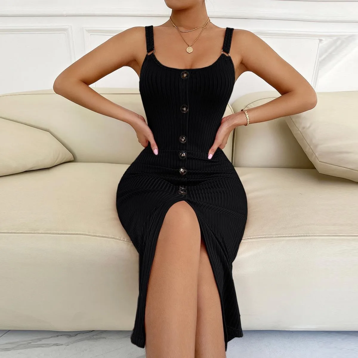 Robe débardeur en maille à faux boutons pour femme, coupe ajustée, sexy, col en V, fendue, style bod