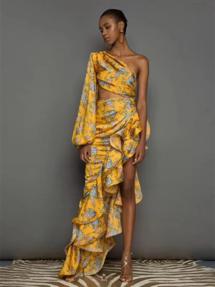 Robe longue à volants irréguliers pour femmes, Sexy, épaules inclinées, motif Floral, asymétrique ép