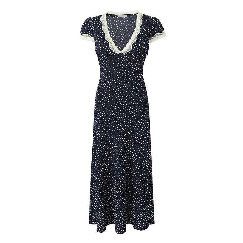 YENKYE-Robe longue bleu marine à pois pour femmes, bordure en dentelle, col en V, manches courtes, l
