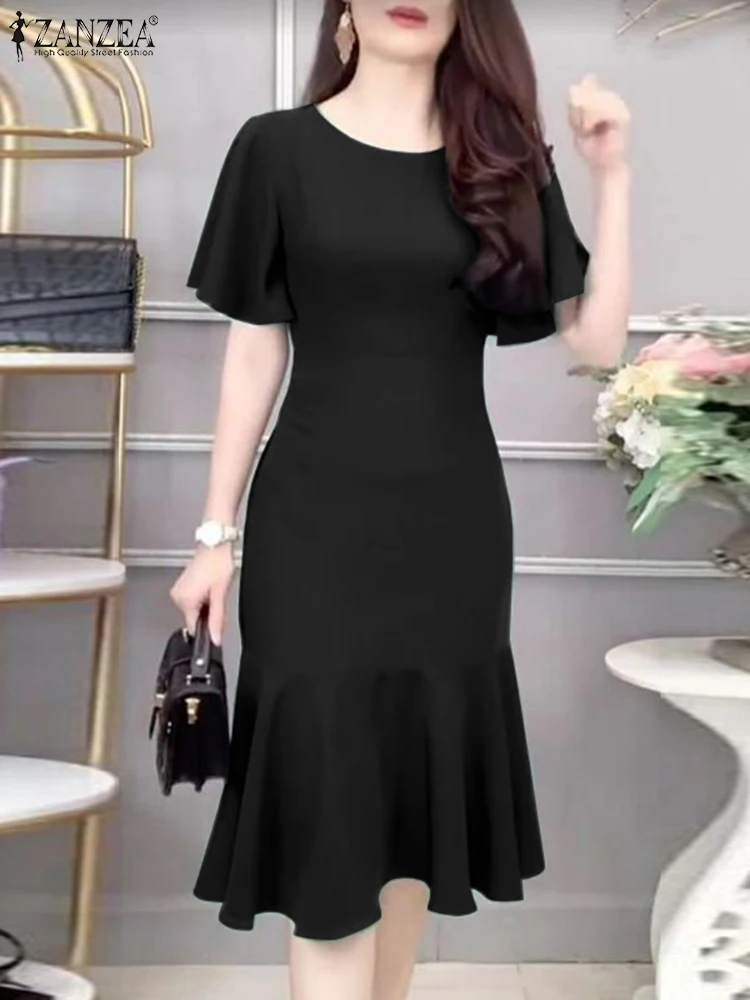 ZANZEA – Robe sirène élégante pour femmes, mode, manches courtes, col rond, ourlet à volants, ajusté