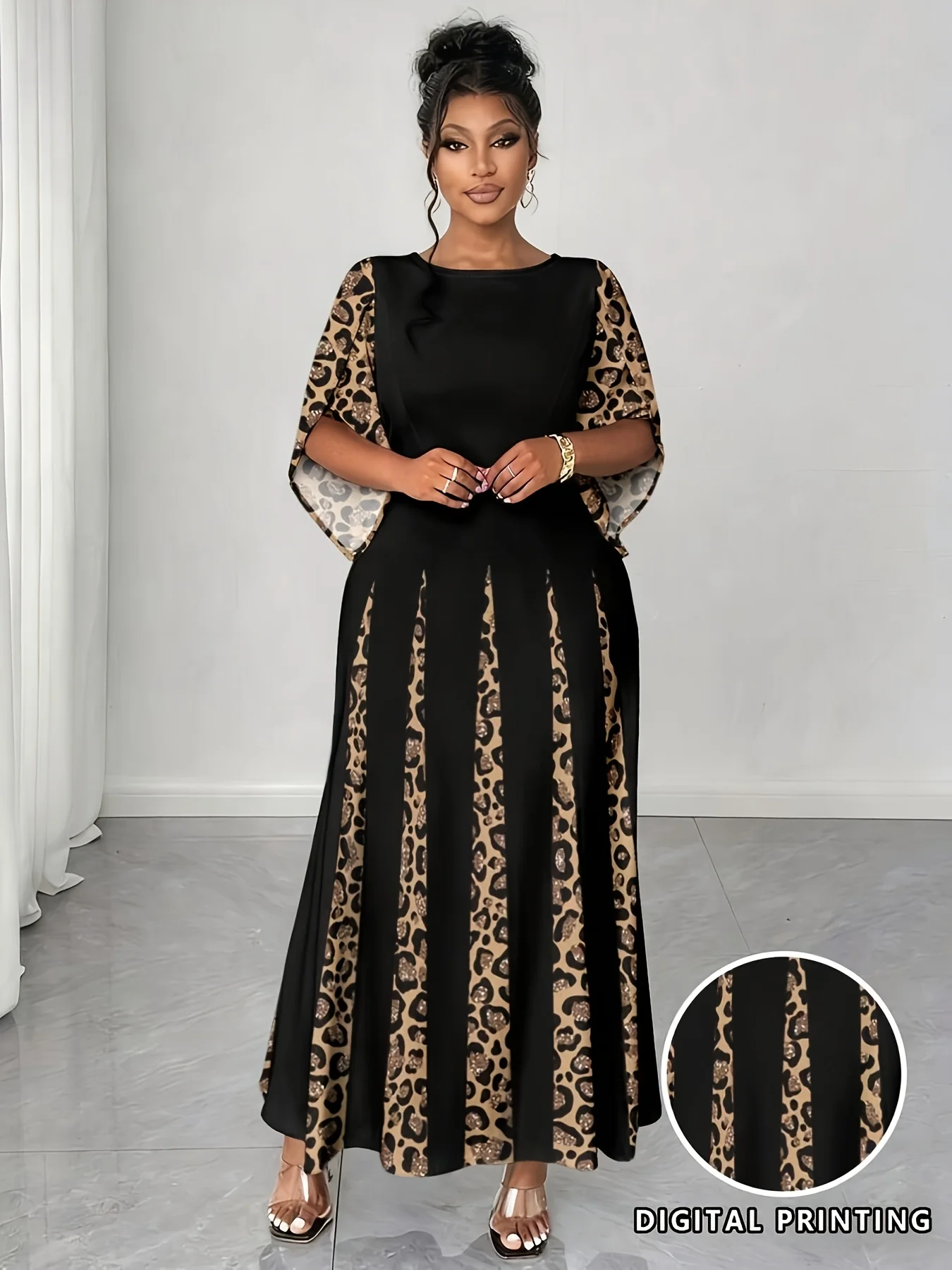Robe maxi élégante à imprimé léopard, robe longue à manches longues tendance grande taille, vêtement