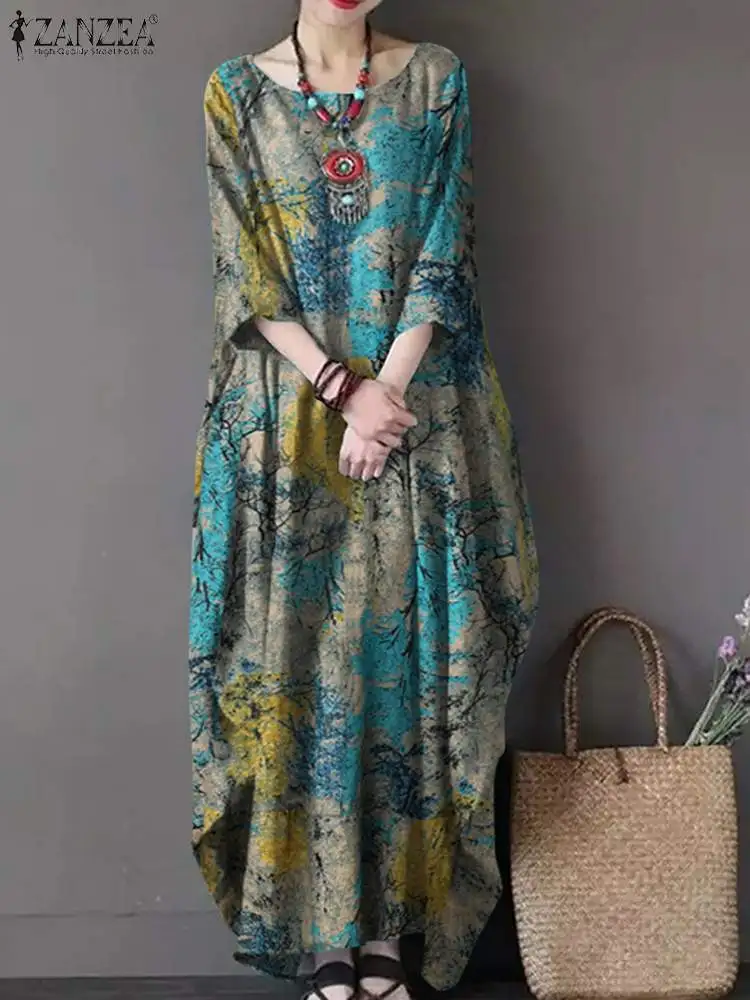 ZANZEA-Robe imprimée vintage pour femme, robe d'été bohème, manches longues, col rond, robe maxi élé