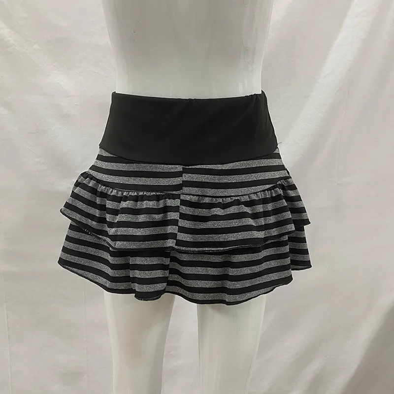 Mini jupe à volants rayée noire et grise, vêtements pour femmes Y2K Grunge, taille haute, taille éla