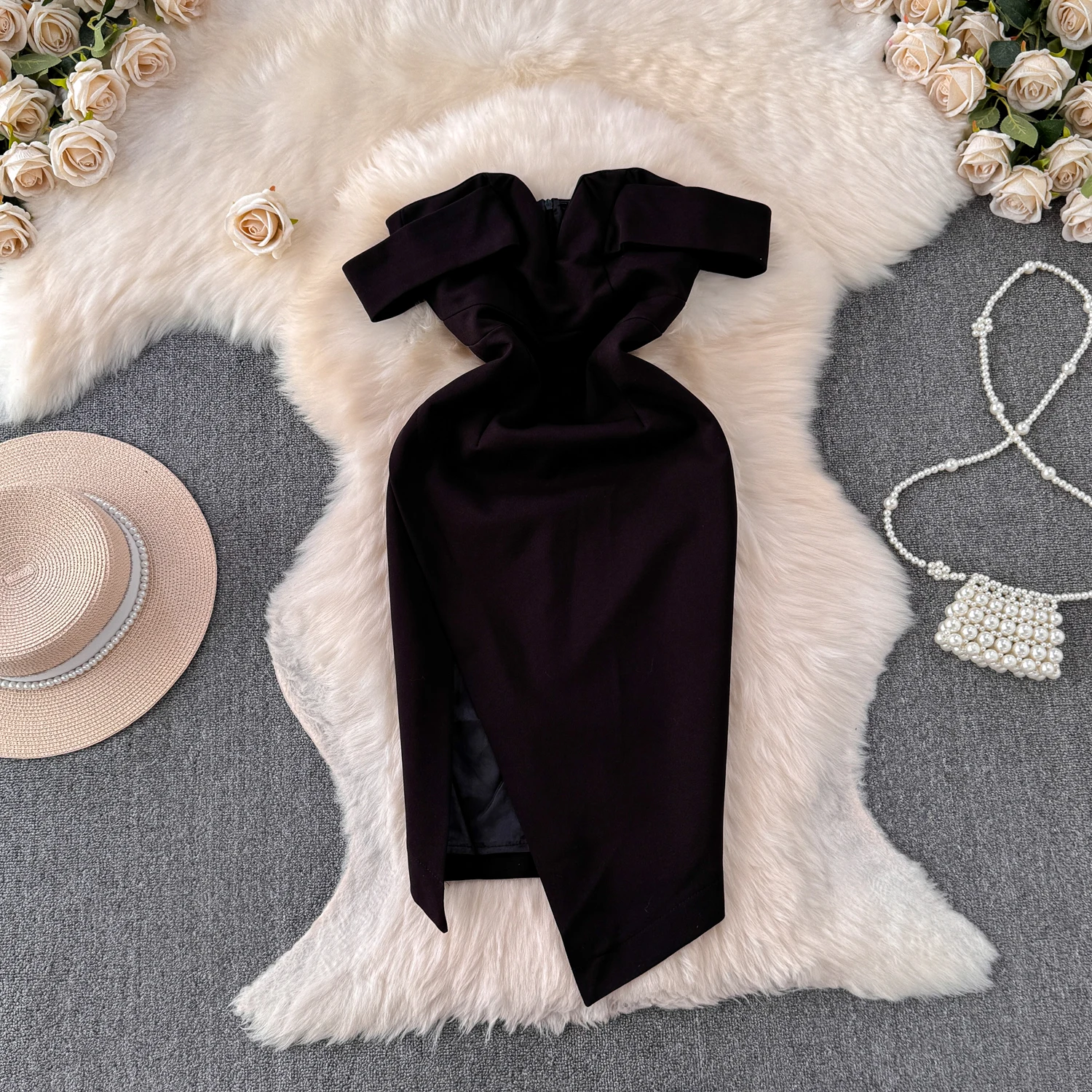 Robes de soirée pour femmes, col alertes onal, col slash, bord volanté, hanche irrégulière, robe ron