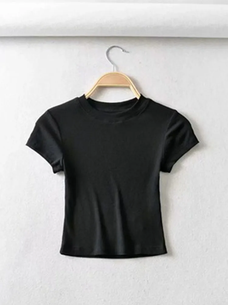 Été Sexy femmes col rond à manches courtes T-shirt mince élastique maigre culture hauts