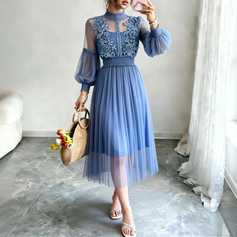 Robe midi en tulle rose poudré pour femme, col montant, broderie florale 3D, manches bouffantes, tai