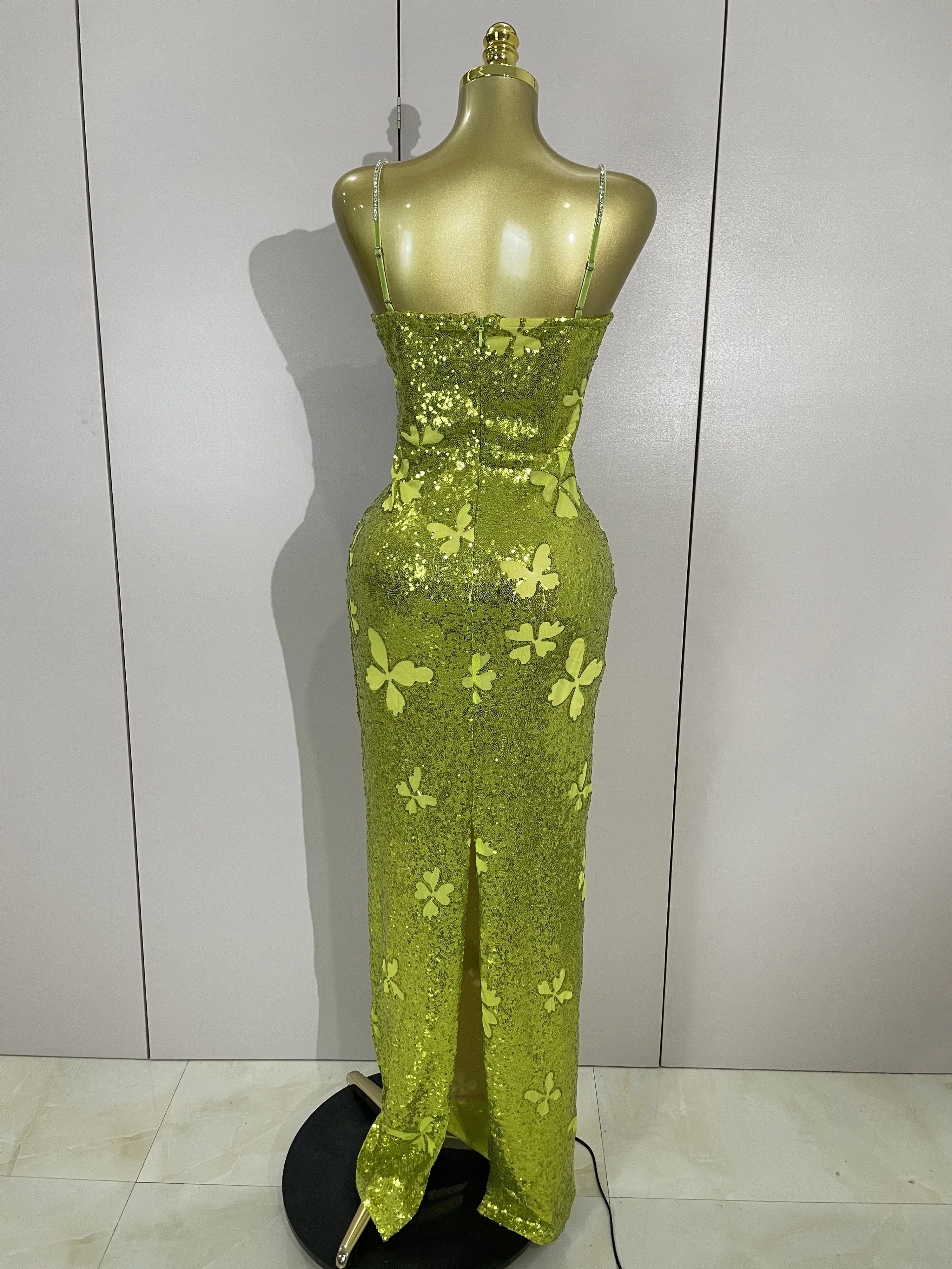 Élégant brillant papillon cristal Sexy licou vert moulante longue robe femmes célébrer soirée fête d