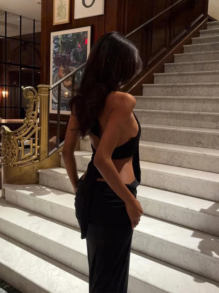 Ahagaga mode licou femmes Maxi Robes solide col en v profond sans manches noir pansement gaine moula