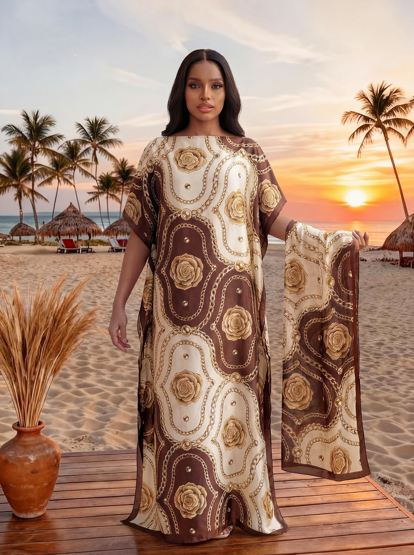 Robe d'été imprimée tendance avec grand foulard, Kaftan Dubaï Turquie, Abaya ample musulmane, Robe d