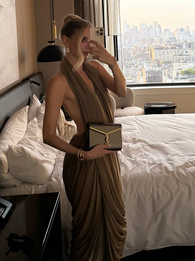 Nibber froncé licou robe Maxi femmes sans manches dos nu ourlet irrégulier solide vacances classique
