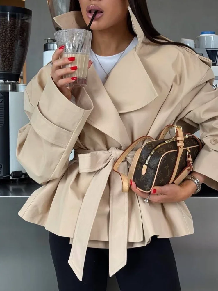 Dame couleur unie à lacets veste élégant Chic à manches longues revers bouton manteau ample automne 