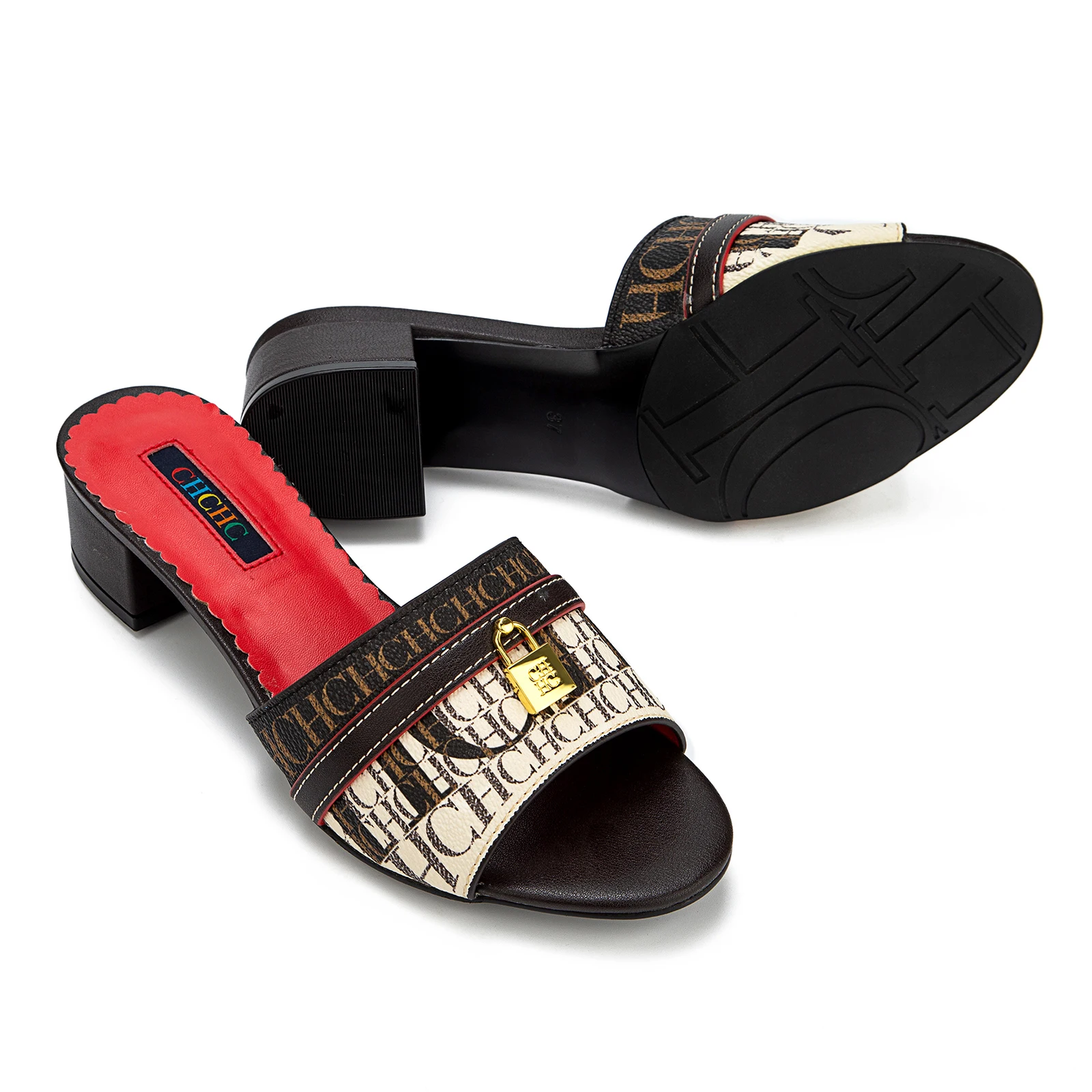 CH à la mode de haute qualité serrure en métal monogramme imprimé femmes pantoufles à talons bas tem