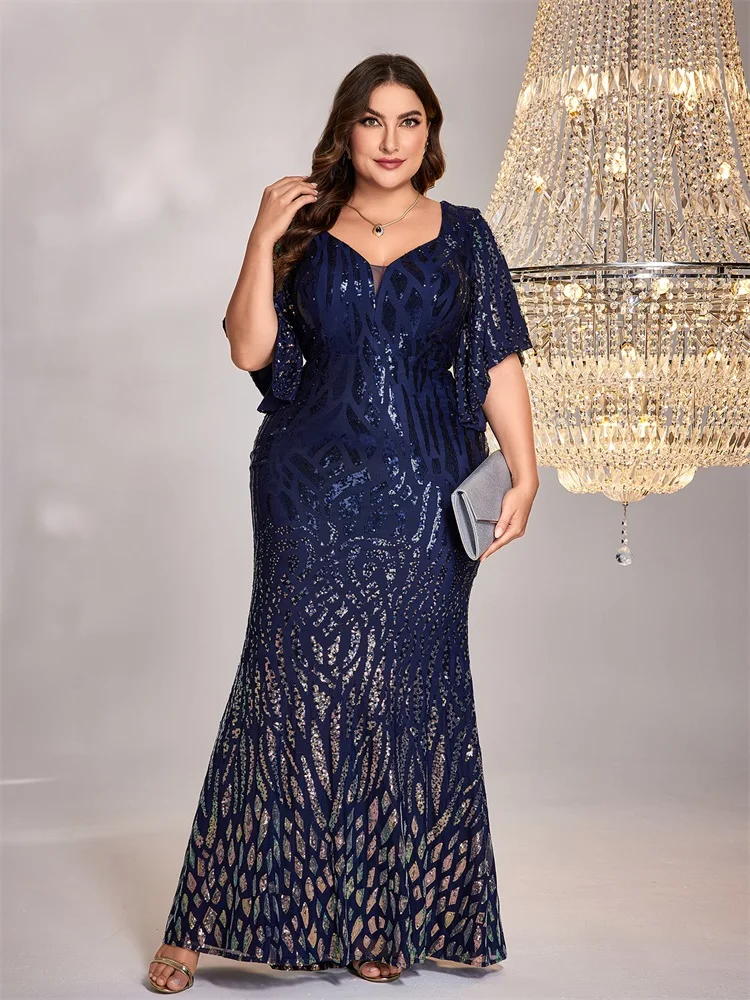 Robe de soirée sirène élégante à sequins et manches courtes asymétriques pour femme, grande taille, 