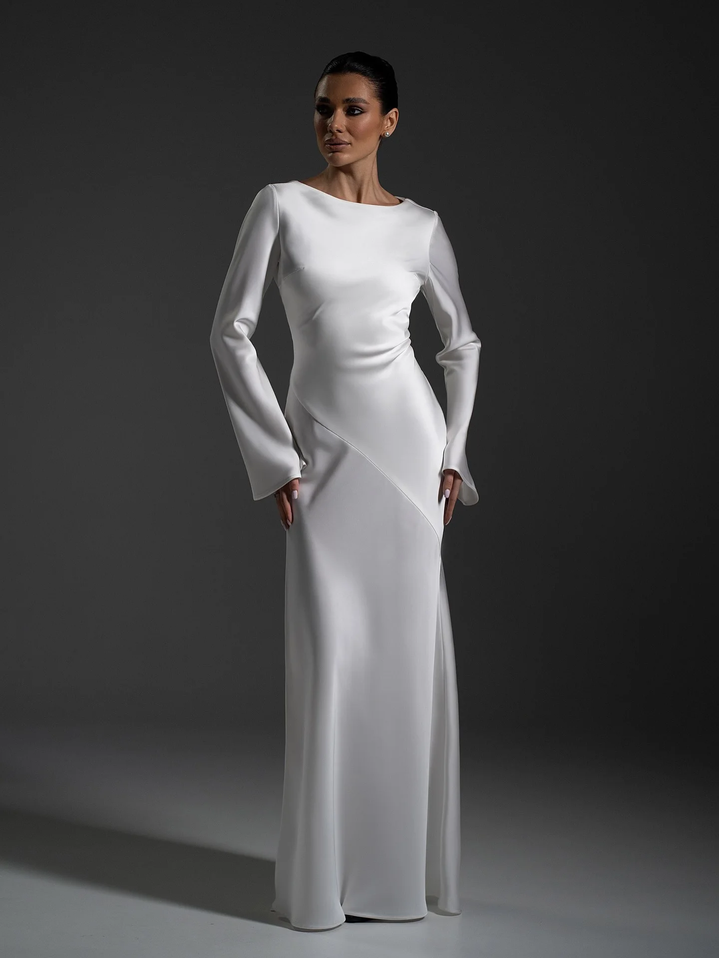 Robe de bal élégante en satin blanc avec fente haute, manches longues en taffetas, robe de mariée mo