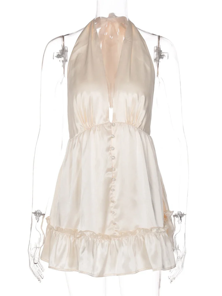 Tossy Satin mode col en v Mini robe femmes à volants dos nu été 2025 vêtements de nuit robe de soiré