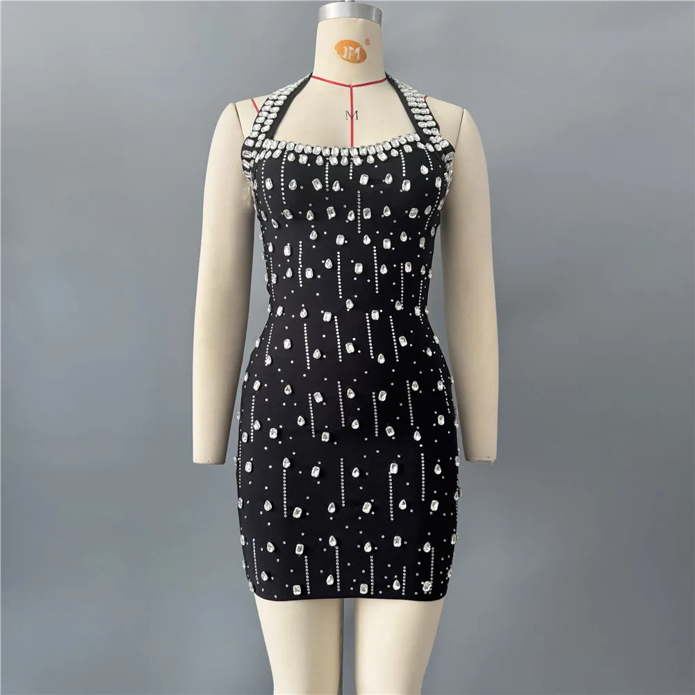Robe de soirée mini pour femme, style halter, ornée de strass et de diamants, idéale pour les clubs 