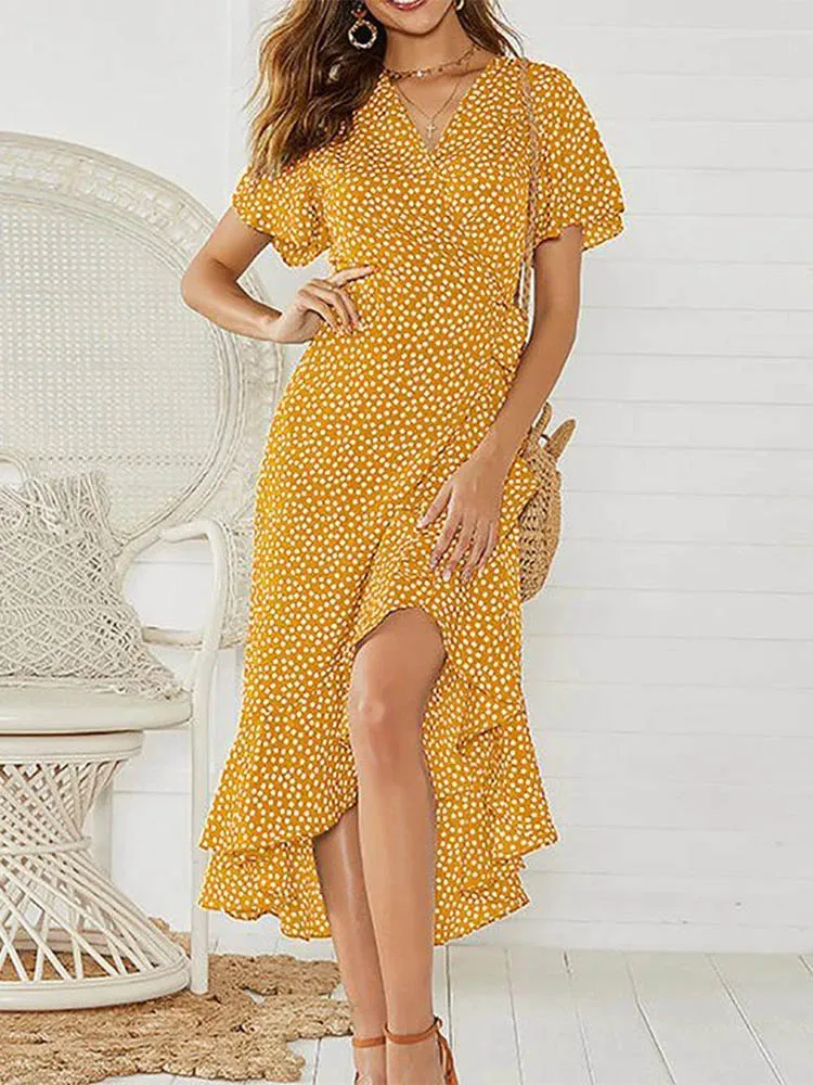 Robe longue en mousseline de soie pour femmes, imprimé floral, style boho, volants ronds, décontract