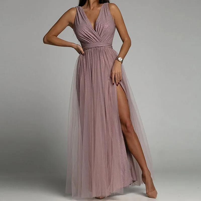 Robe de soirée en dentelle et maille pour femme, tenue de soirée Sexy sans manches, Maxi plis, col e