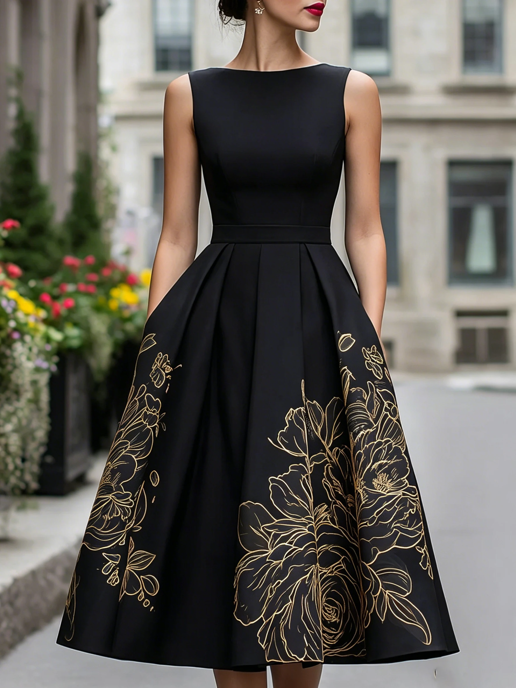 Robe d'été pour invitées de mariage, robe de soirée décontractée vintage à imprimé floral noir et or