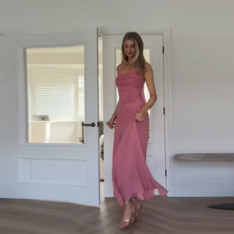 Robe longue rose à licou pour femme, sans manches, dos nu, froncée, élégante, pour soirée, nouvelle 