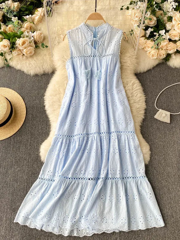 Robe mi-mollet style bohème pour femme, vêtement d'été uni à lacets, col en V, taille haute, broderi