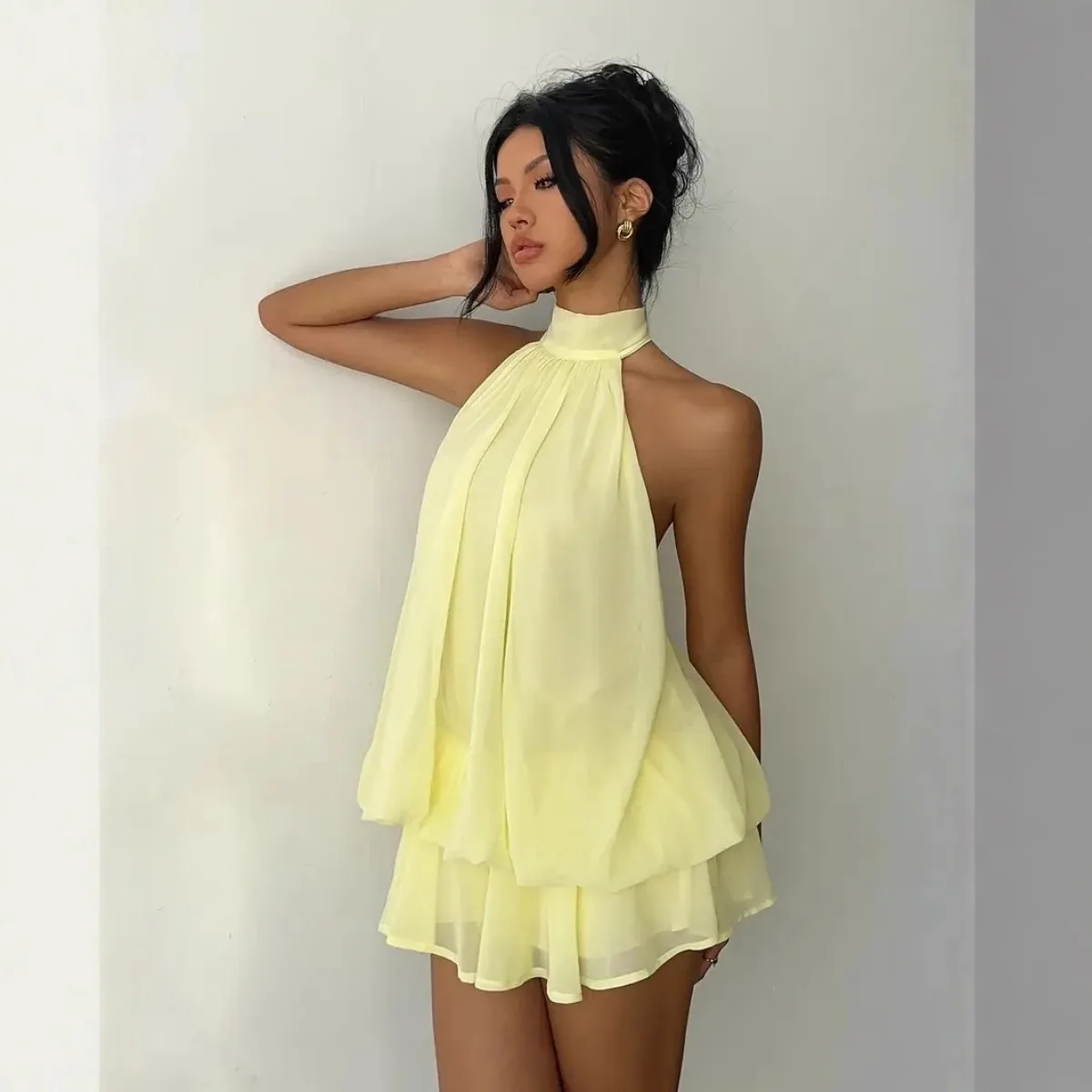 Robe licou pour femme, dos nu, en mousseline transparente, mini-jupe à nouer devant, robe de soirée