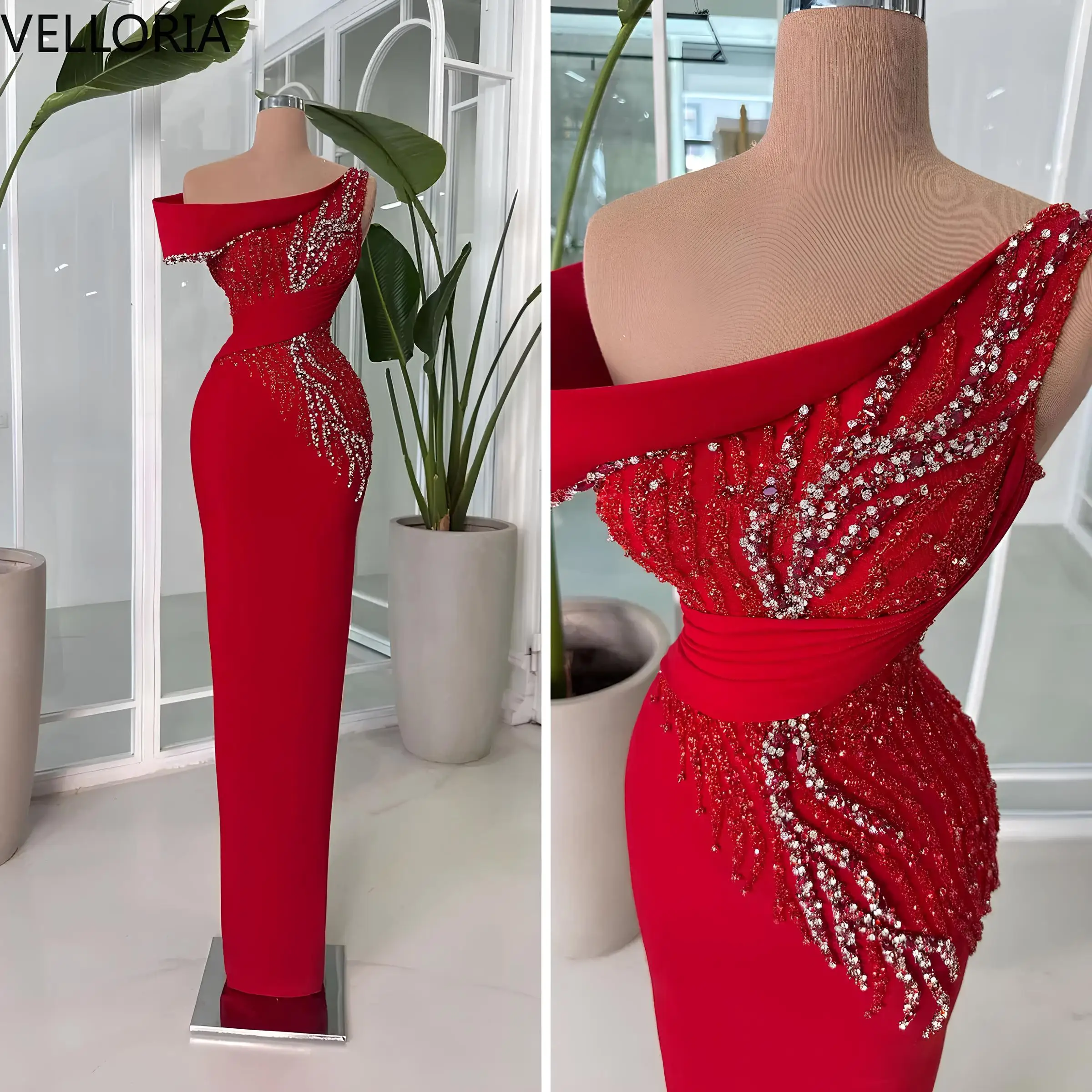Robe mère de la mariée rouge élégante, longue, perles de cristal, robe d'invitées de mariage, en Sat