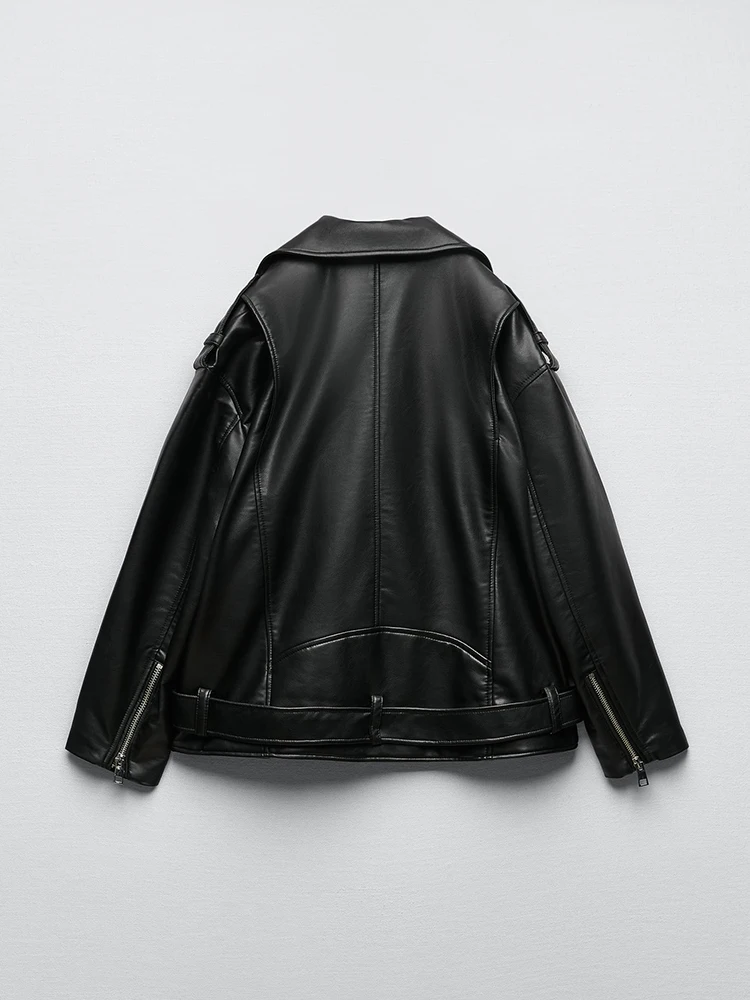 Ailegogo femmes ample moto motard noir Pu Faux cuir veste avec ceinture printemps automne femme mant