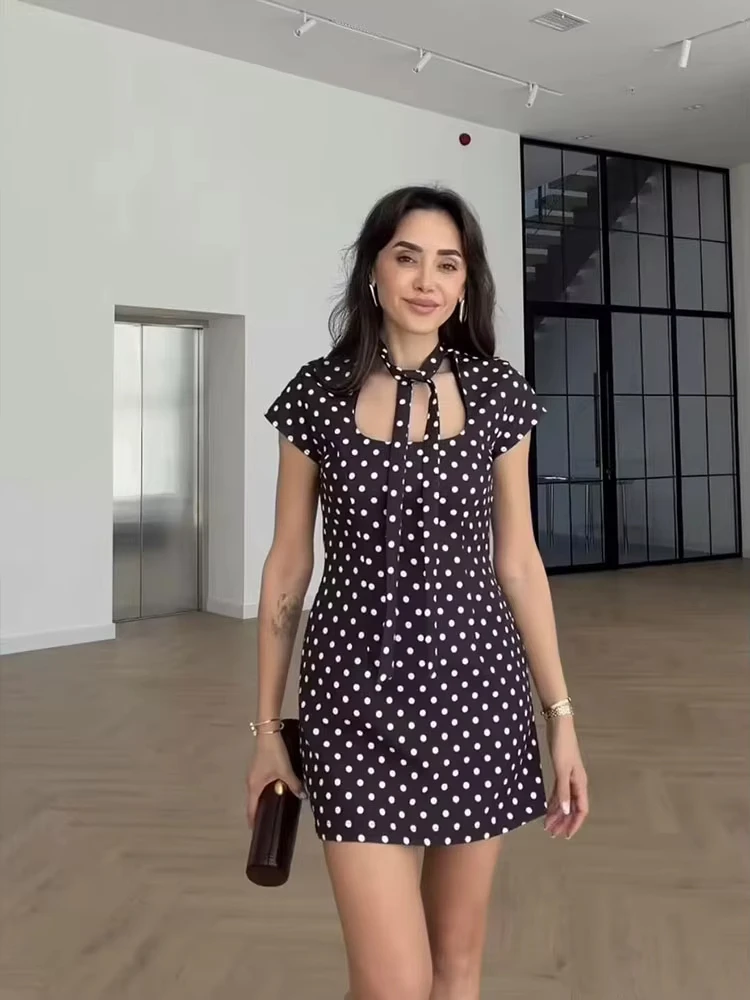 Robes mini à pois d'été HH pour femmes, robe décontractée à manches courtes avec col à lacets, robe 