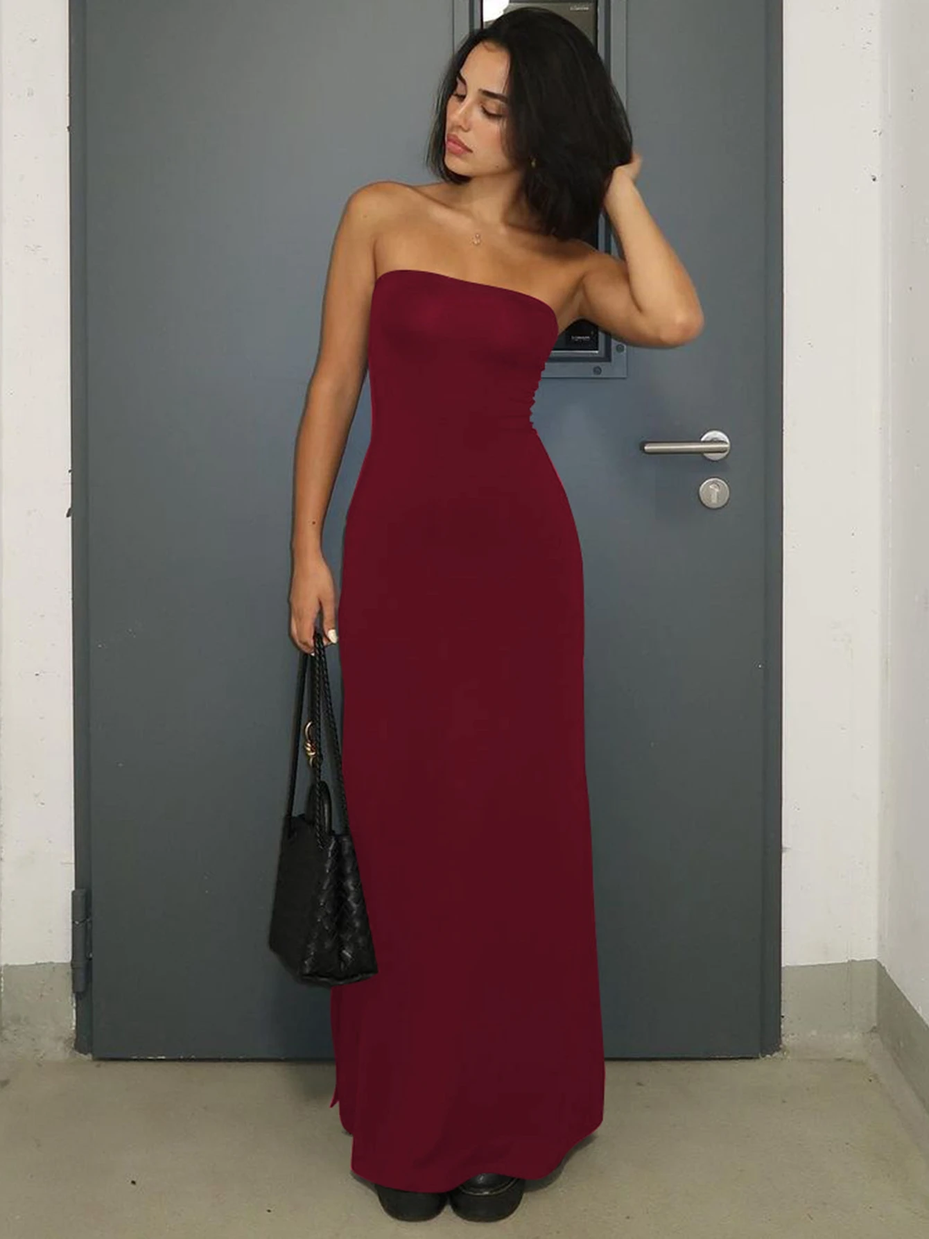 Hugcitar noir sans bretelles à manches longues Sexy moulante Maxi robe de bal 2024 automne hiver élé