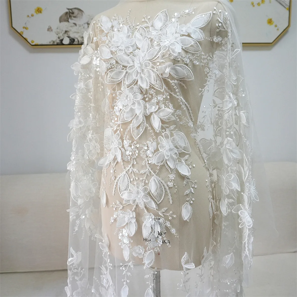 Robe de mariée en Tulle, tissu à fleurs 3D brodé en dentelle à paillettes appliquées
