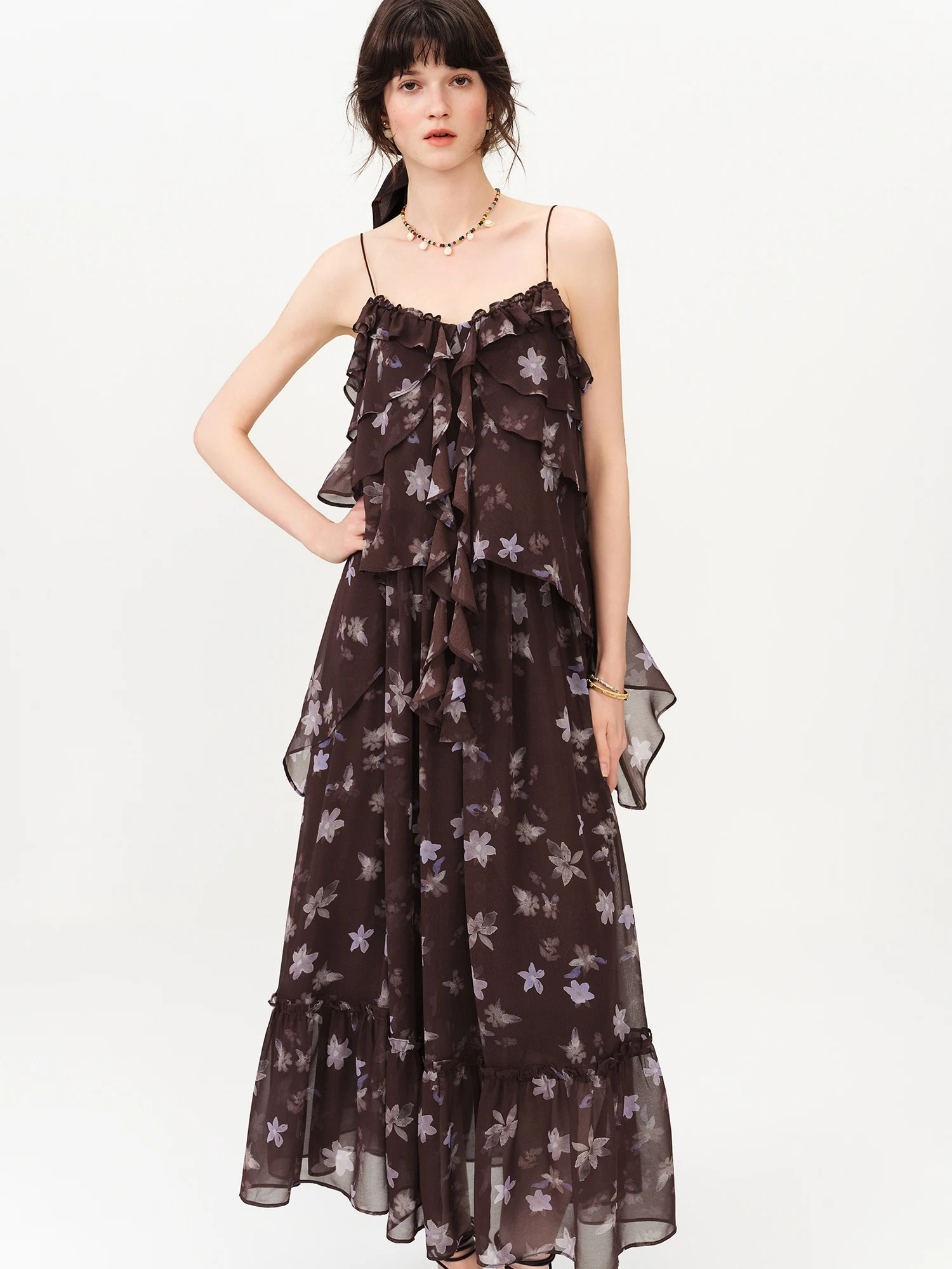 Robe longue à volants style halter FSLE, imprimé floral café et violet, nouvelle collection Printemp