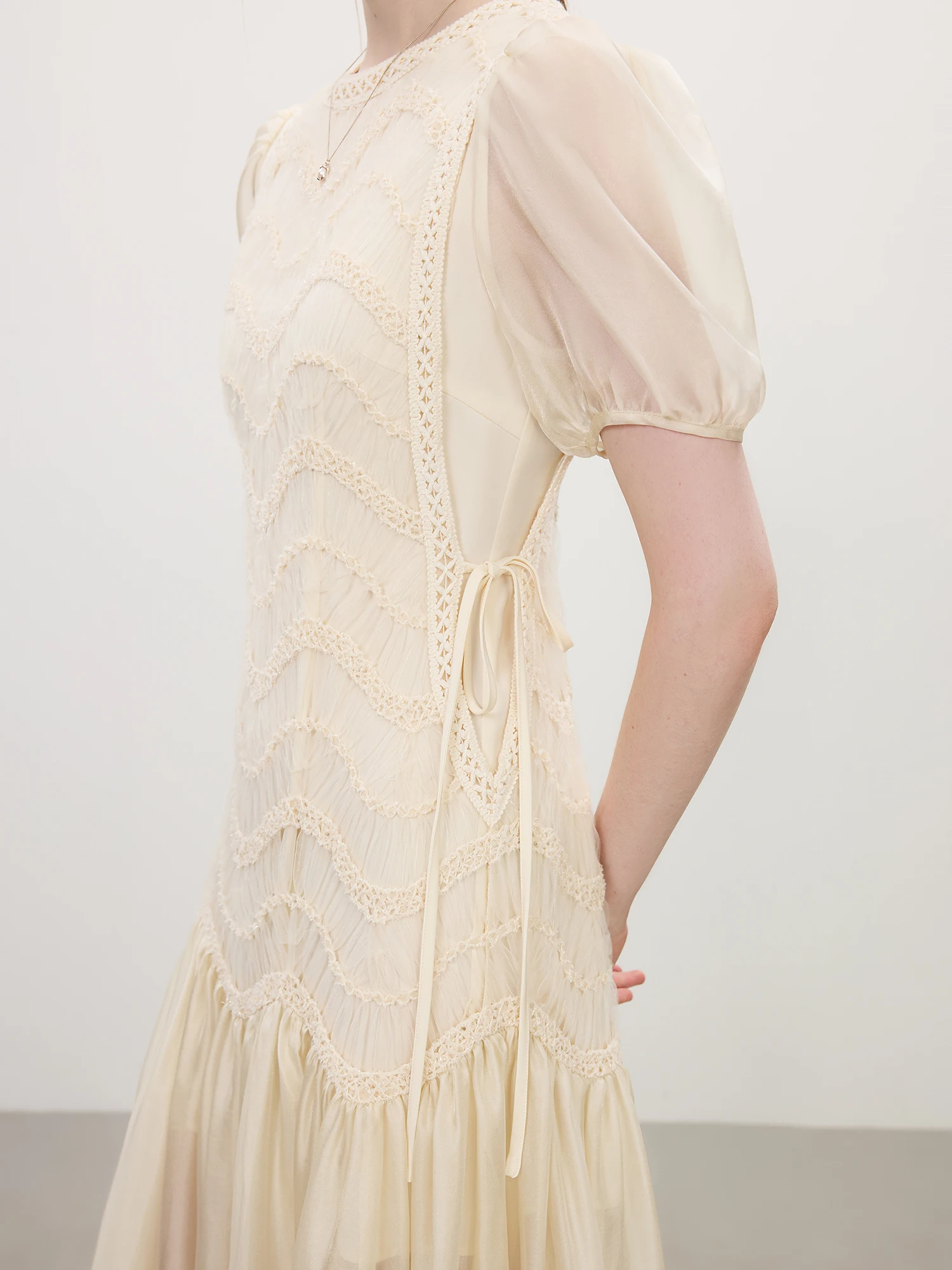 FSLE 2025 été femmes maille broderie robe évider épissage bulle manches taille cravate Y2K à la mode