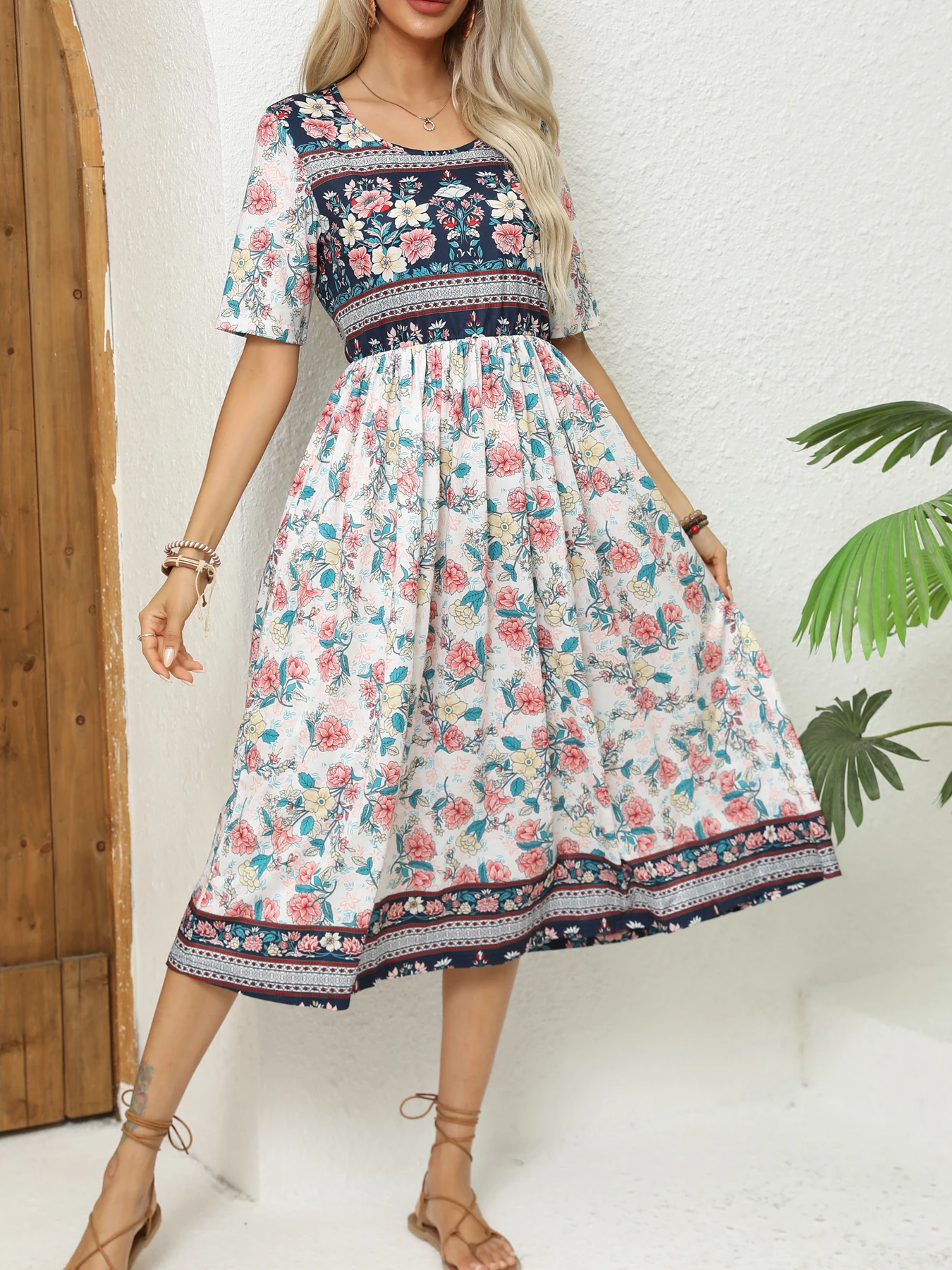 Robe imprimée bohème à manches courtes et col rond pour femmes, jupe longue pour dames, Europe et Am
