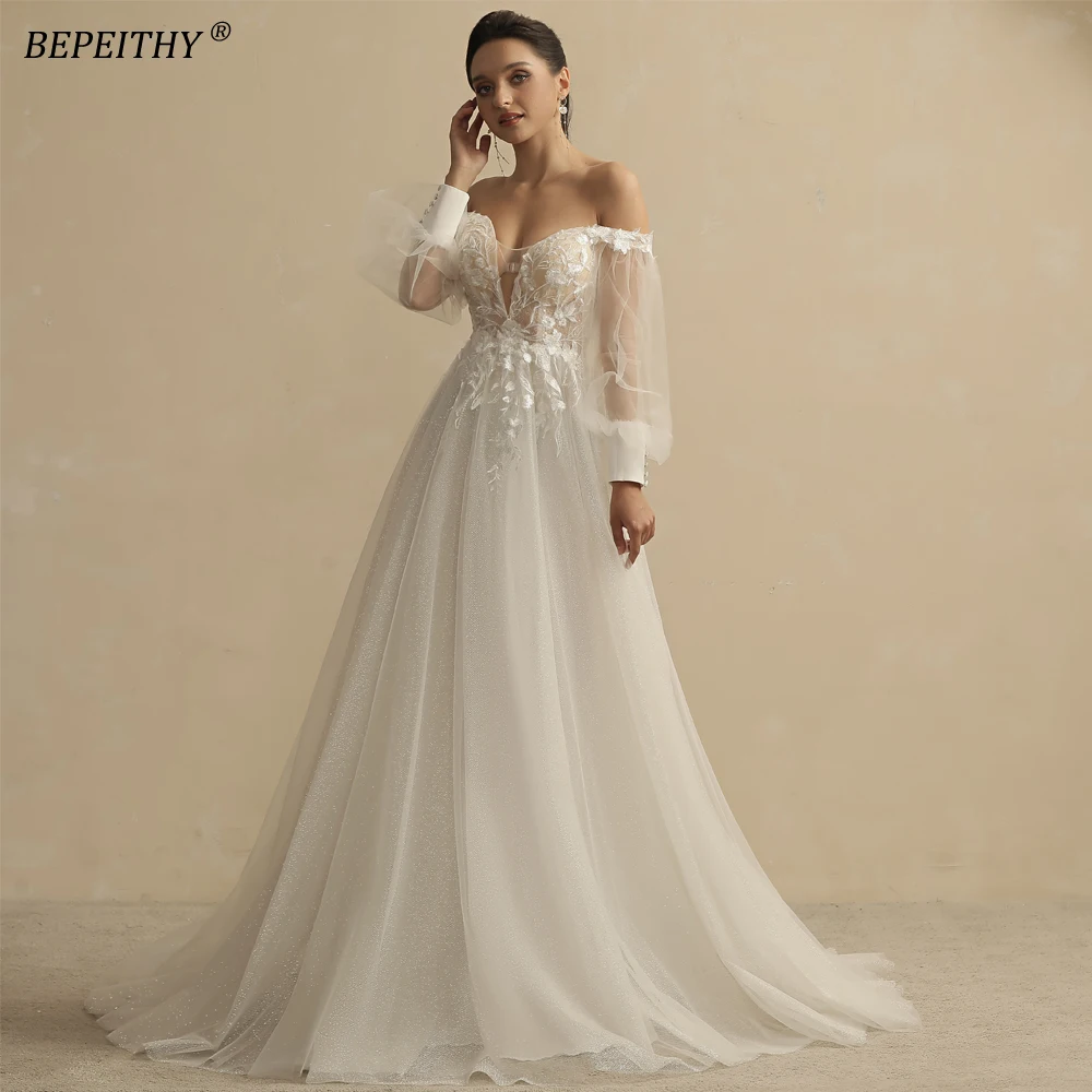 BEPEITHY – robe de mariée style Boho, personnalisée, col profond, manches longues, ligne A, paillett