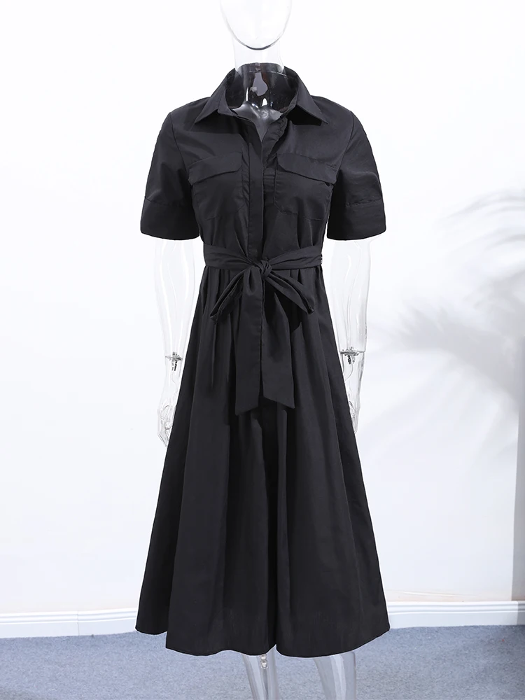 Nouvelle Robe Longue Plissée Noire Élégante pour Femme avec Ceinture, Manches Longues et Col Revers,