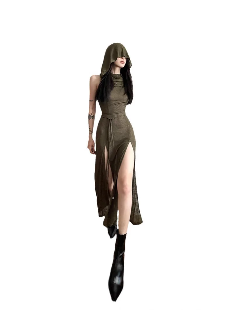 Robe y2k pour femmes, vêtements de couleur unie, sans manches, ajourée dans le dos, fente à capuche,
