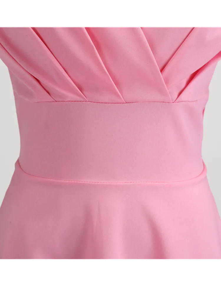Robe d'été rose pour femmes, col en V, Vintage, élégante, rétro, pin up, fête, bureau, robes mi-long