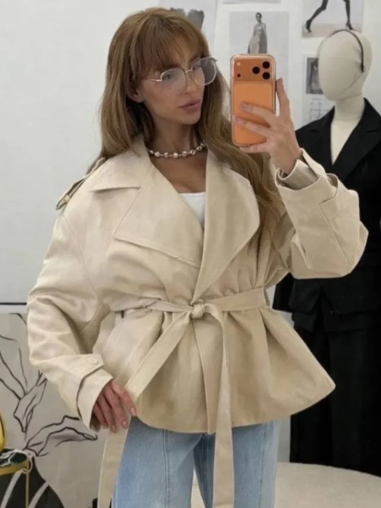Dame couleur unie à lacets veste élégant Chic à manches longues revers bouton manteau ample automne 