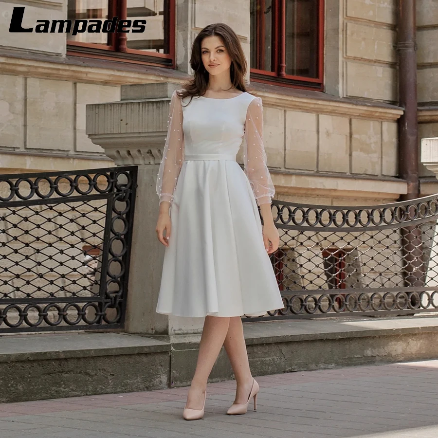 Robe de Mariée Civile avec Perles, Manches sulf, Longueur Genou, Robe Éducative, Élégante, 2022