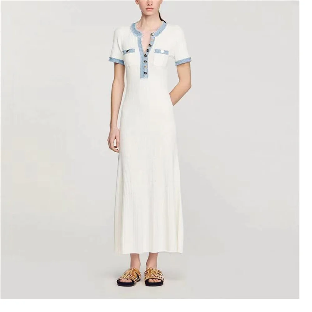 Robe longue élégante en maille contrastante pour femme, chic, col rond, manches courtes, boutons mét